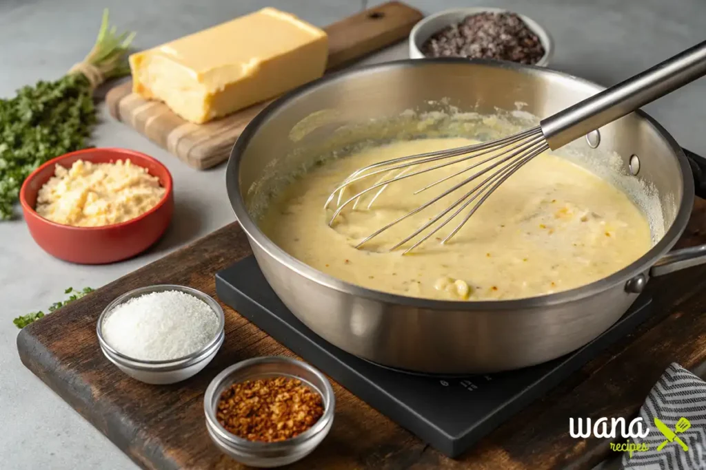 Making cheese sauce for Southern BBQ Mac ‘n’ Cheese with butter, heavy cream, and seasonings in a stainless steel saucepan.