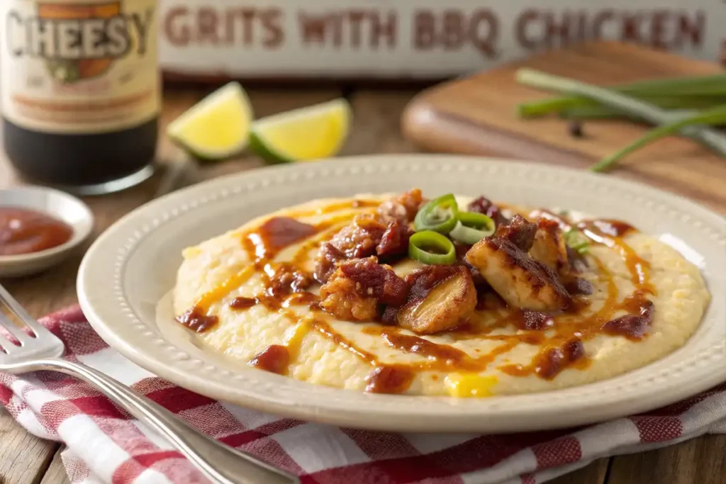 A plate of creamy, cheesy grits topped with BBQ chicken, garnished with green onions and drizzled with BBQ sauce.