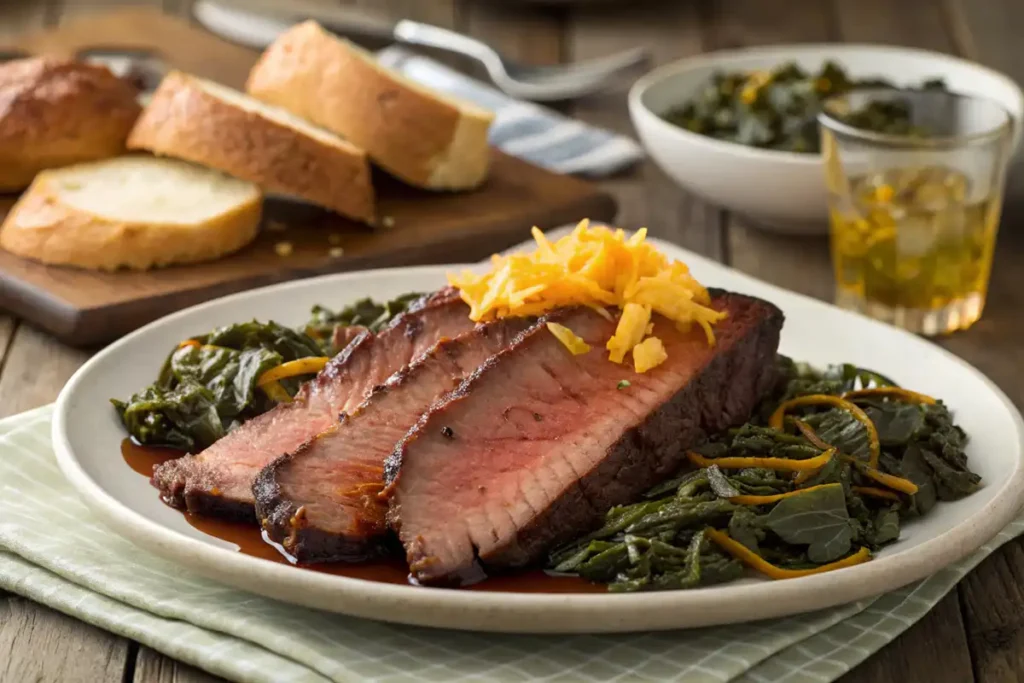 A plate of smoked BBQ beef brisket with melted cheddar cheese, served over braised collard greens, with a side of sliced bread and a glass of iced tea on a rustic wooden table.