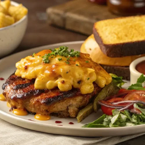 Delicious Southern BBQ Mac ‘n’ Cheese with melted cheese, BBQ meat, and green onions served in a rustic bowl