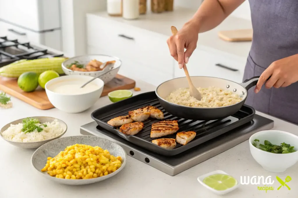 Cooking the ingredients for the Street Corn Chicken Rice Bowl, including grilled chicken, sautéed corn, and rice in a pan.