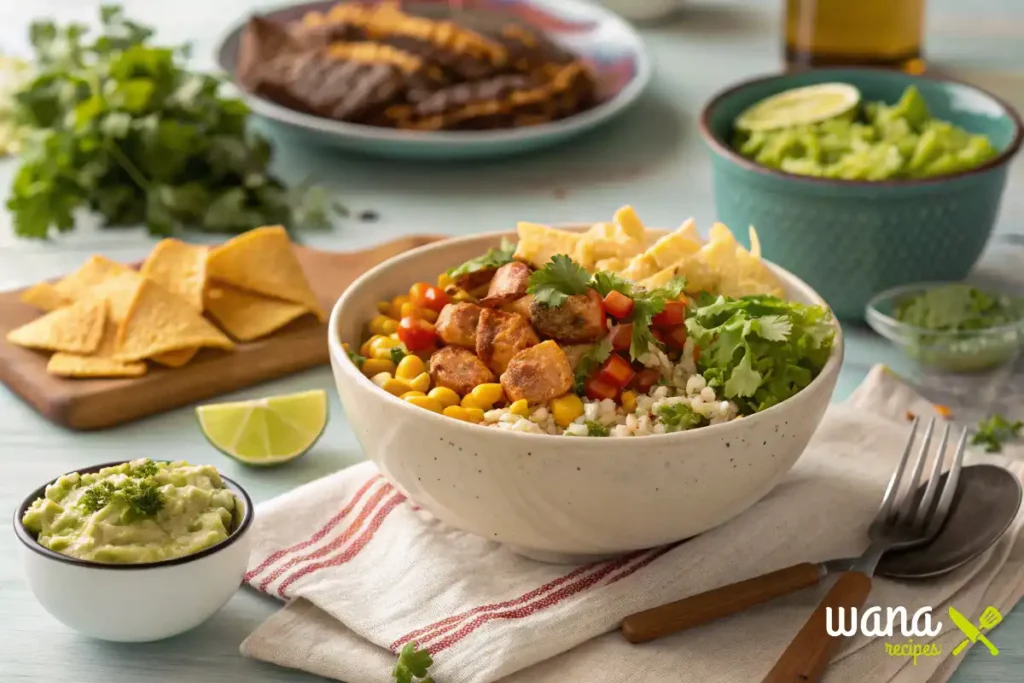  A delicious Street Corn Chicken Rice Bowl served with grilled chicken, corn, rice, cilantro, lime, and crispy tortilla strips.