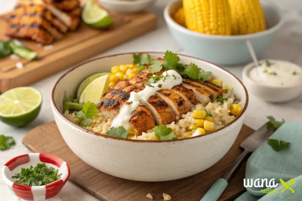 A completed Street Corn Chicken Rice Bowl featuring grilled chicken, corn, rice, creamy lime sauce, and lime wedges.