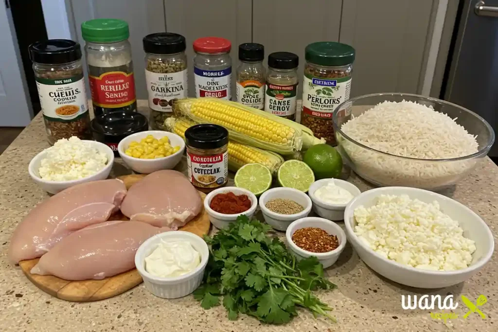 Fresh ingredients for Street Corn Chicken Rice Bowl, including chicken breasts, corn, spices, and rice, arranged on a countertop.