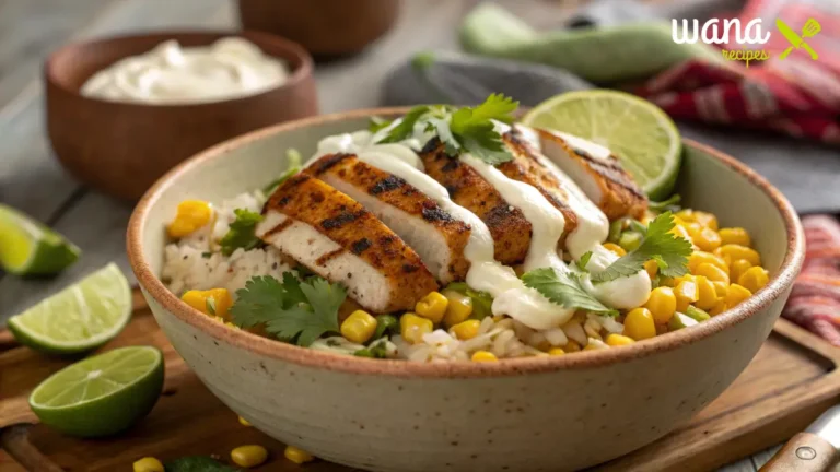 A close-up of a Street Corn Chicken Rice Bowl with grilled chicken, corn, rice, creamy lime sauce, and cilantro garnish.