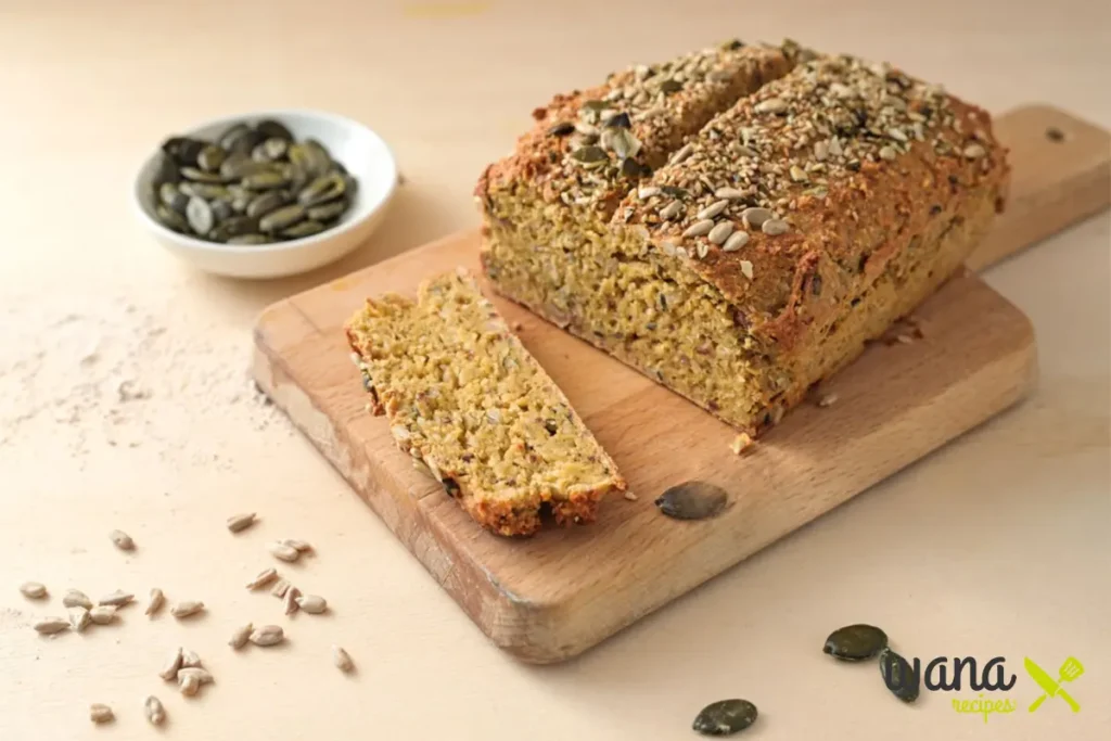 Freshly baked sunflower pumpkin seed bread with a golden crust, sliced on a wooden cutting board, with pumpkin seeds in a white bowl in the background.