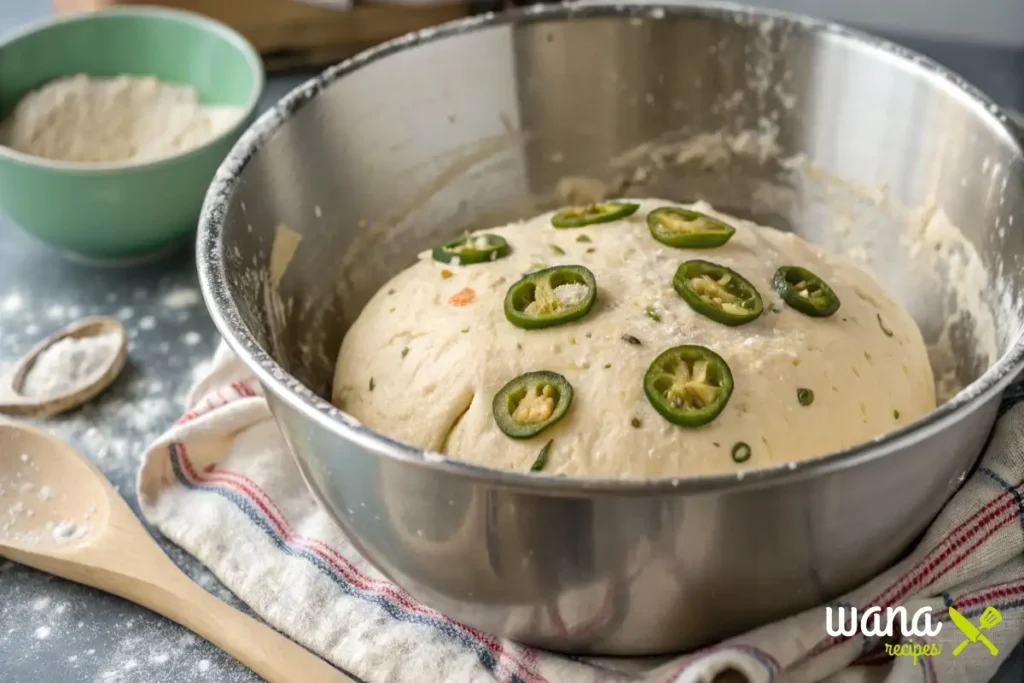 Step-by-step process of making vegan jalapeño cheddar artisan bread, including mixing dough, adding vegan cheddar and jalapeños, shaping, baking, and serving with avocado spread