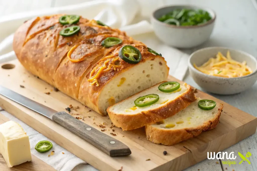 Freshly baked vegan jalapeno cheddar artisan bread, sliced and served on a wooden cutting board, topped with jalapeno slices and melted vegan cheese.