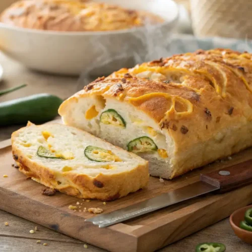 Freshly baked vegan jalapeño cheddar artisan bread with a crispy golden crust, gooey dairy-free cheddar, and spicy jalapeños, served on a wooden board.