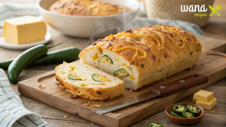 Freshly baked vegan jalapeño cheddar artisan bread with a crispy golden crust, gooey dairy-free cheddar, and spicy jalapeños, served on a wooden board.