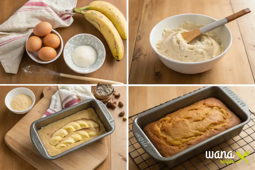 A step-by-step collage of making banana bread, featuring ingredients, mixing batter, preparing the loaf pan, and the final baked bread