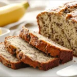 A sliced banana bread recipe with chocolate chips on a white plate, with butter and a ripe banana in the background.