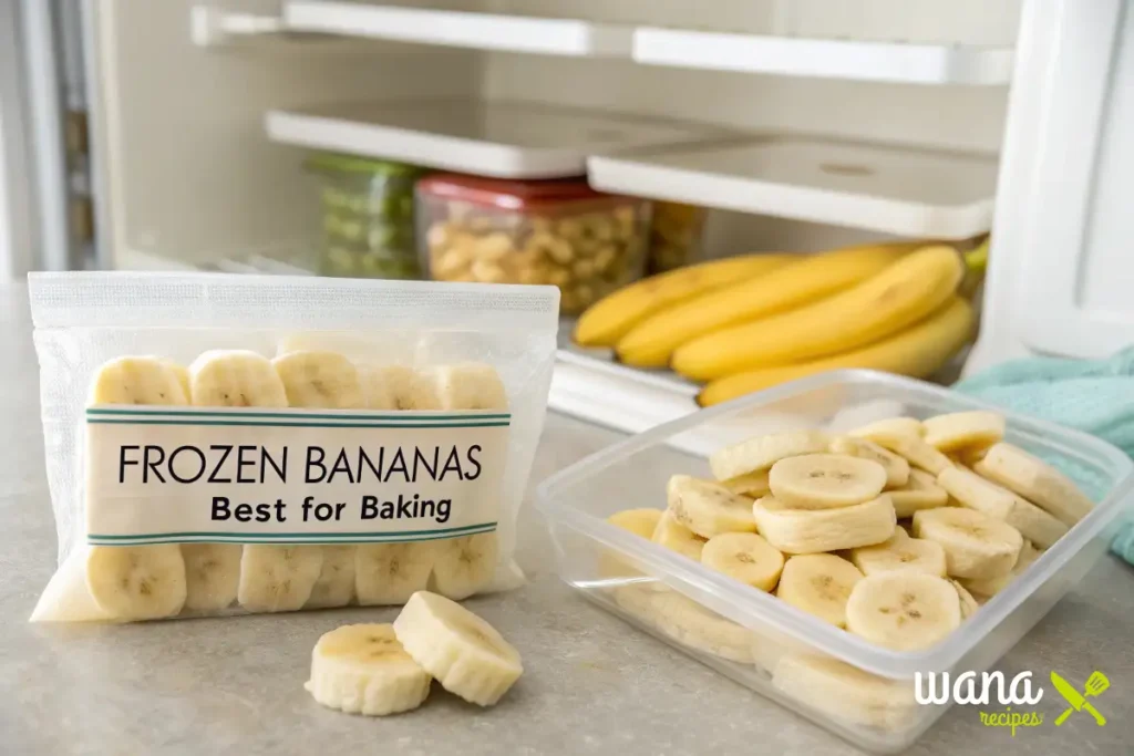 Frozen banana slices stored in a labeled freezer bag and a plastic container, with fresh bananas in the background inside a kitchen freezer