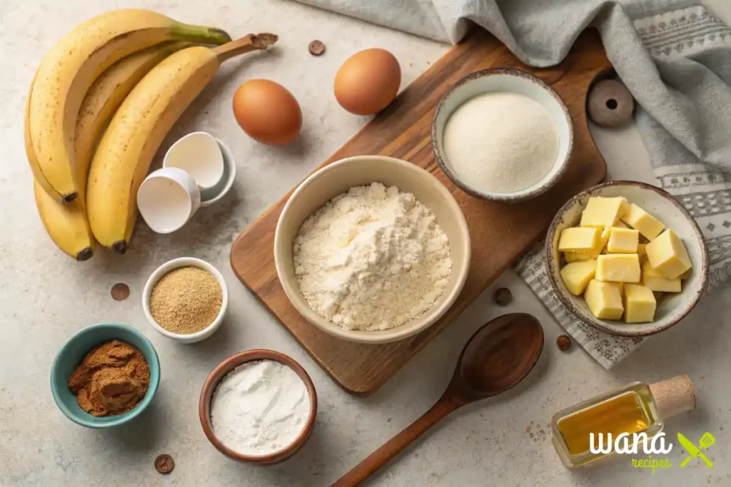 Banana bread ingredients laid out on a wooden board, including ripe bananas, eggs, flour, sugar, butter, and cinnamon