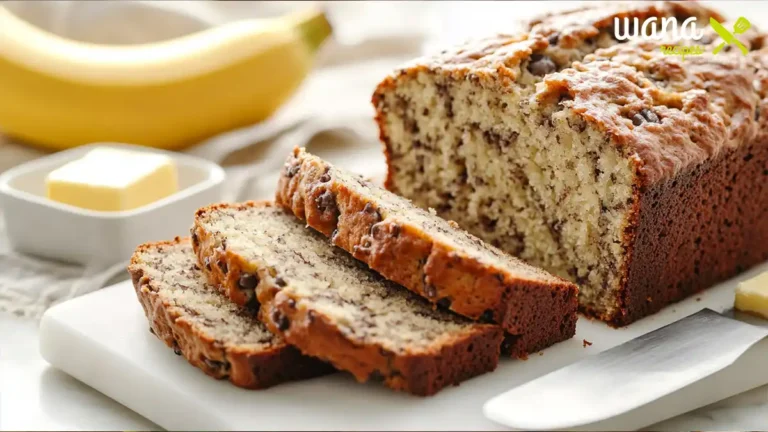 A sliced banana bread recipe with chocolate chips on a white plate, with butter and a ripe banana in the background.