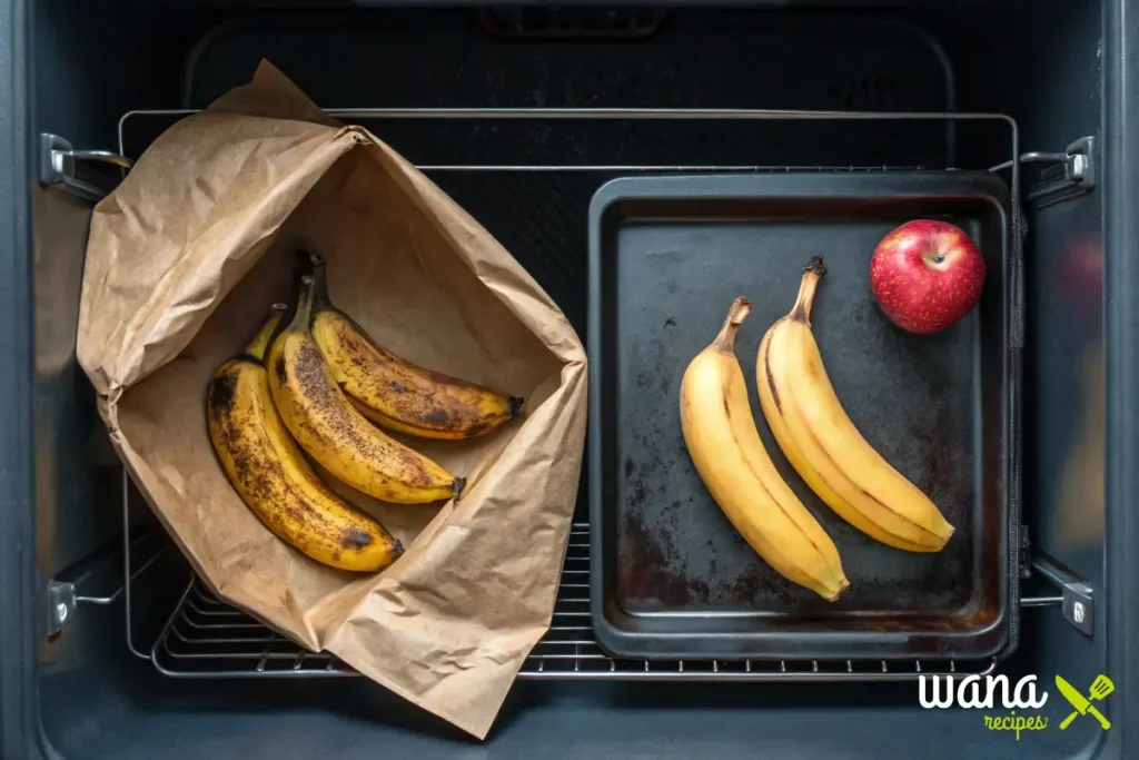 Two methods of ripening bananas: one with bananas in a brown paper bag alongside an apple, and another with bananas on a baking sheet in the oven.