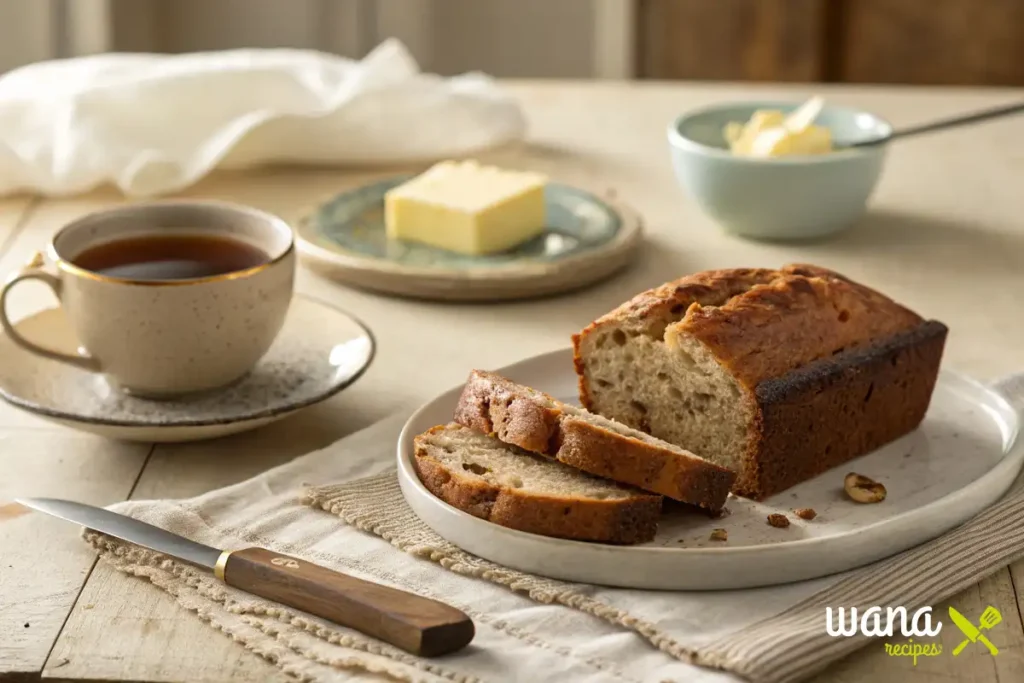 "A freshly baked banana bread recipe on a ceramic plate with two slices cut, served with a cup of tea and butter on a rustic wooden table.