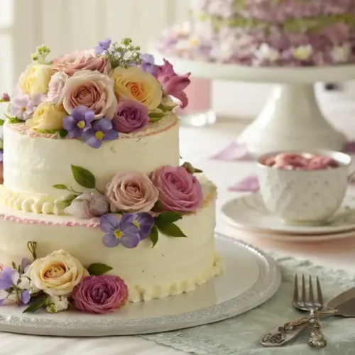 A two-tier flower birthday cake adorned with pastel-colored roses and violets, set on an elegant table with tea and candles.