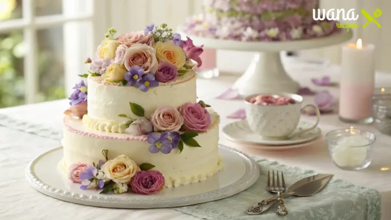 A two-tier flower birthday cake adorned with pastel-colored roses and violets, set on an elegant table with tea and candles.