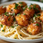 Garlic butter chicken bites with creamy parmesan pasta, garnished with parsley and served on a plate