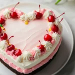 A finished Heart Birthday Cake with pink and white frosting, topped with red cherries, sitting on a white plate.