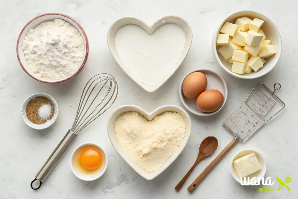 A flat lay of Heart Birthday Cake ingredients, including flour, sugar, eggs, and butter, arranged in heart-shaped bowls with baking tools.