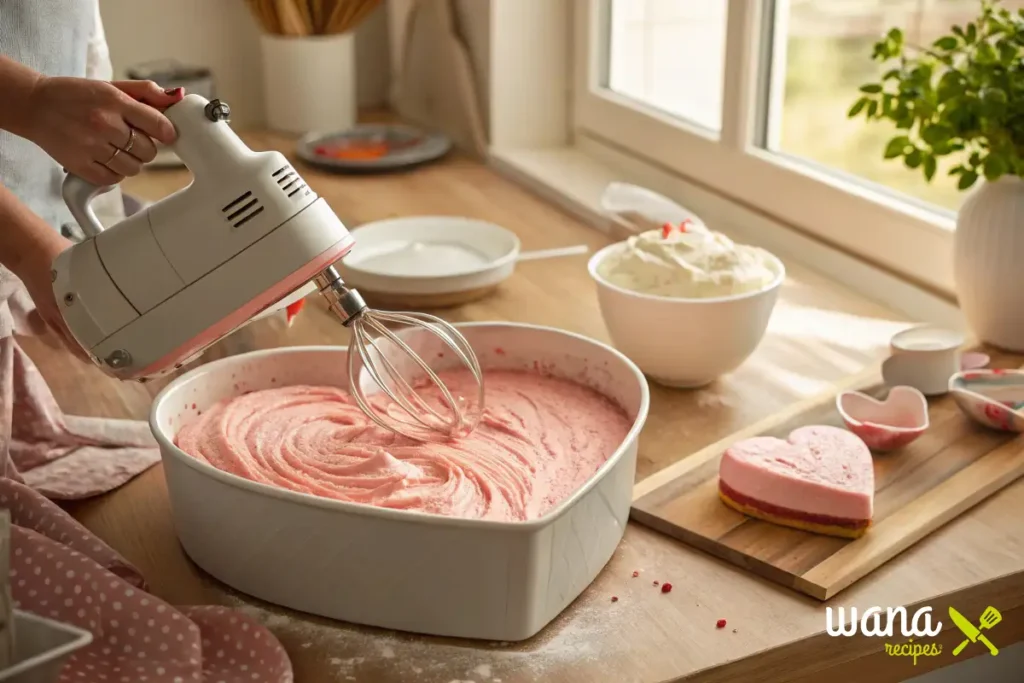 A person using a hand mixer to prepare Heart Birthday Cake batter in a heart-shaped baking dish, with whipped cream and a heart-shaped cake on the side.