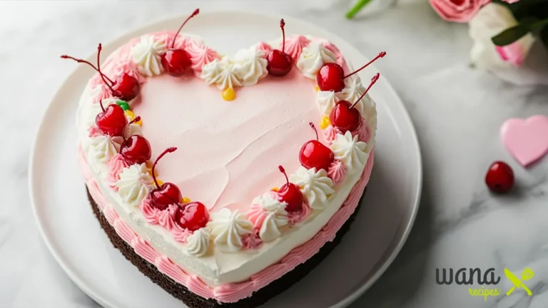 A finished Heart Birthday Cake with pink and white frosting, topped with red cherries, sitting on a white plate.